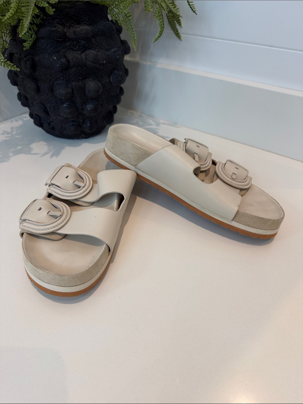 Vince Cream Leather Double-Buckle Slide Sandals. Wore once.